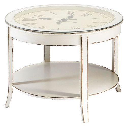 Glass and wood round clock coffee table in white with distressed finish