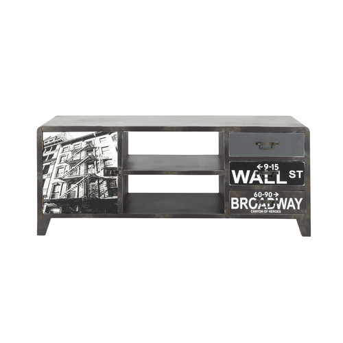 Meuble Tv Bois Noir : Meuble Tv En Bois Effet Métal Noir L 120 Cm Wall Streetmaisons Du Meuble Tv Bois Noir : Meuble Tv En Bois Effet Métal Noir L 120 Cm Wall Streetmaisons Du