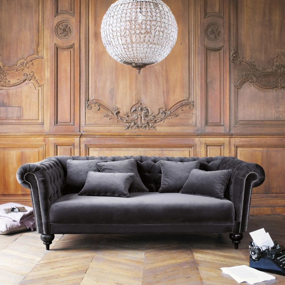 Sofa in Grey Velvet, seats 3 Carmen Carmen Maisons du Monde