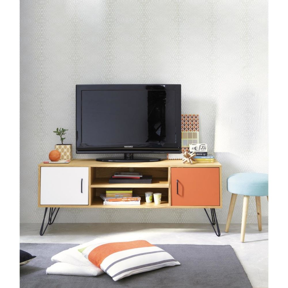 Meuble Tv Vintage Twist : Meuble Tv Vintage En Bois Blanc Et Orange L 130 Cm Twistmaisons Du Meuble Tv Vintage Twist : Meuble Tv Vintage En Bois Blanc Et Orange L 130 Cm Twistmaisons Du