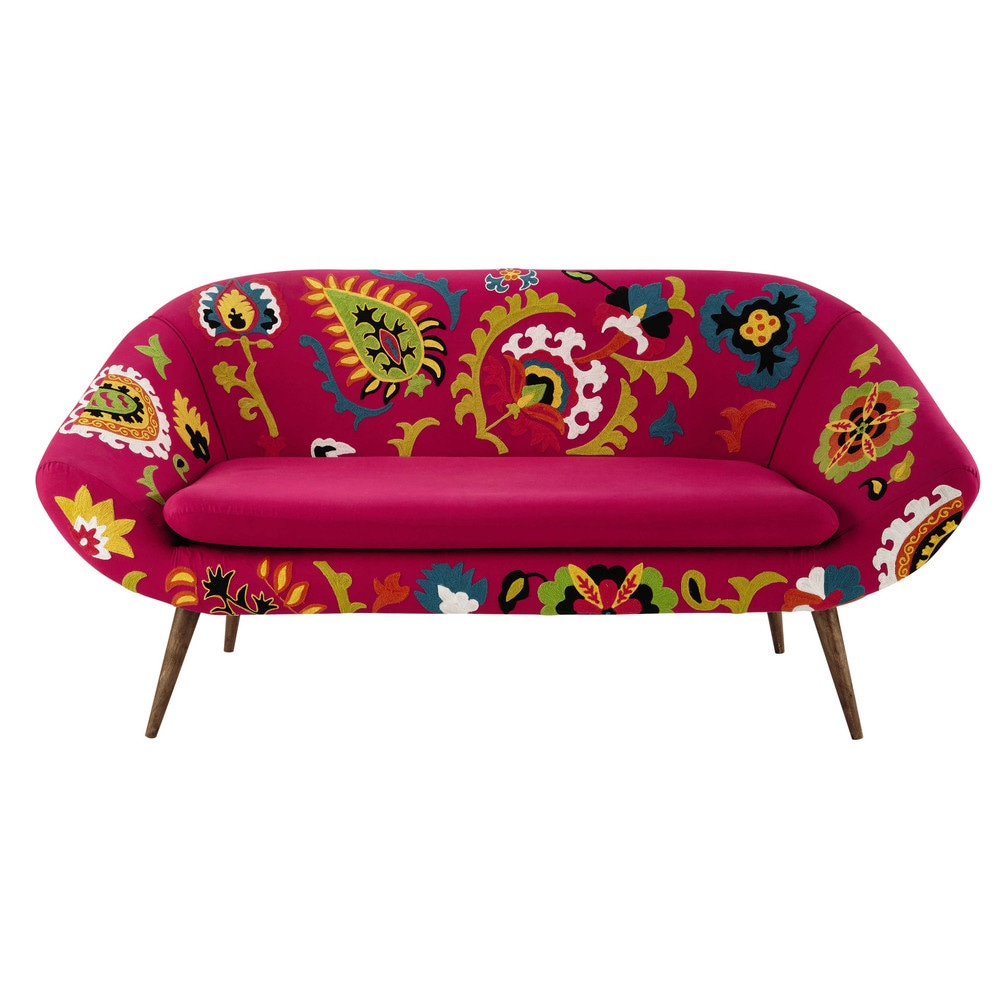 2/3 seater embroidered cotton sofa in pink Bohemian Maisons du Monde
