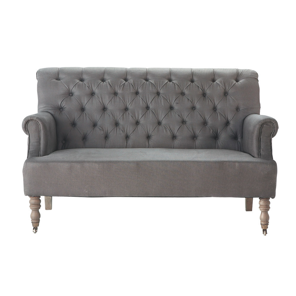 2 seater linen button sofa bench in grey taupe Augustin Maisons du Monde