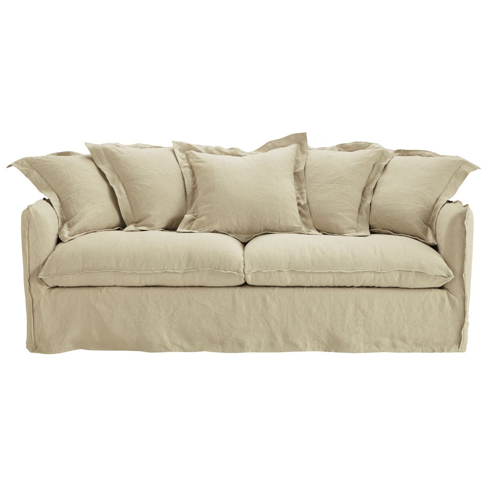3/4 seater washed linen sofa bed in ecru Barcelone Maisons du Monde