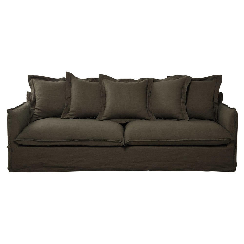 5 seater washed linen sofa in olive green Barcelone Maisons du Monde