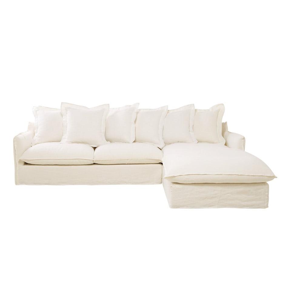 7 seater washed linen corner sofa in white Barcelone Maisons du Monde