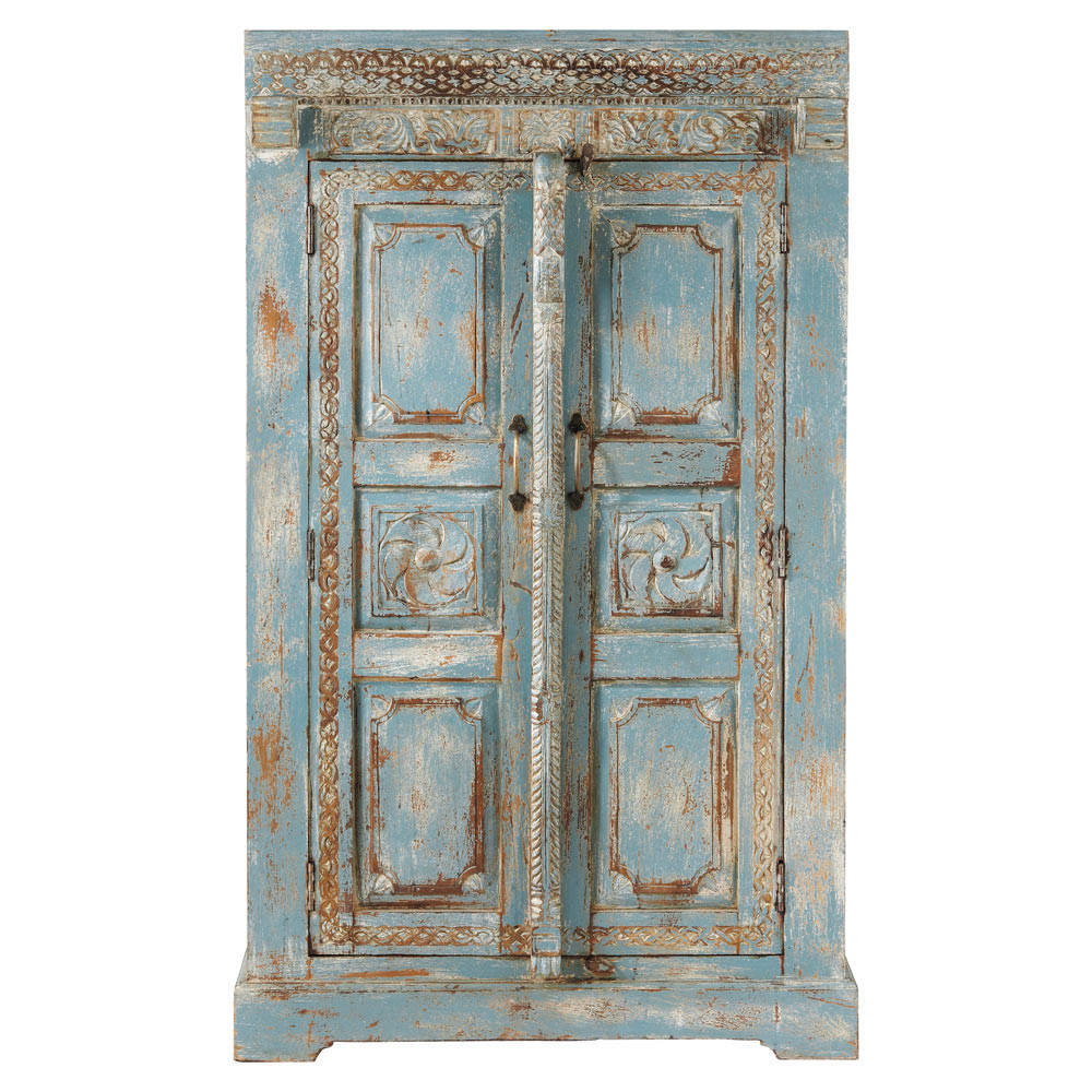 Armoire indienne en manguier bleue effet vieilli L 88 cm Indira