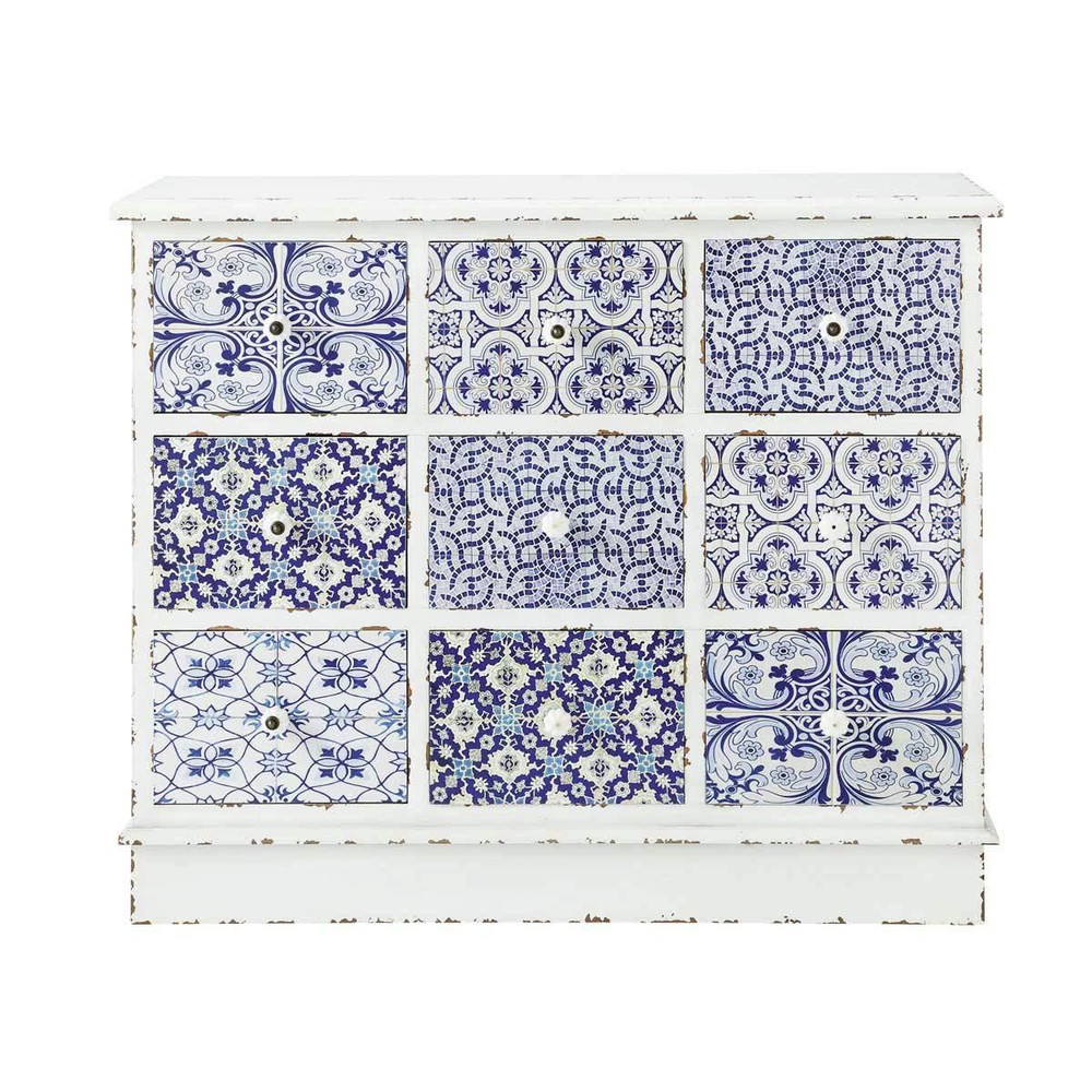 Cajonera estampada de madera blanca y azul An. 100 cm Majorelle