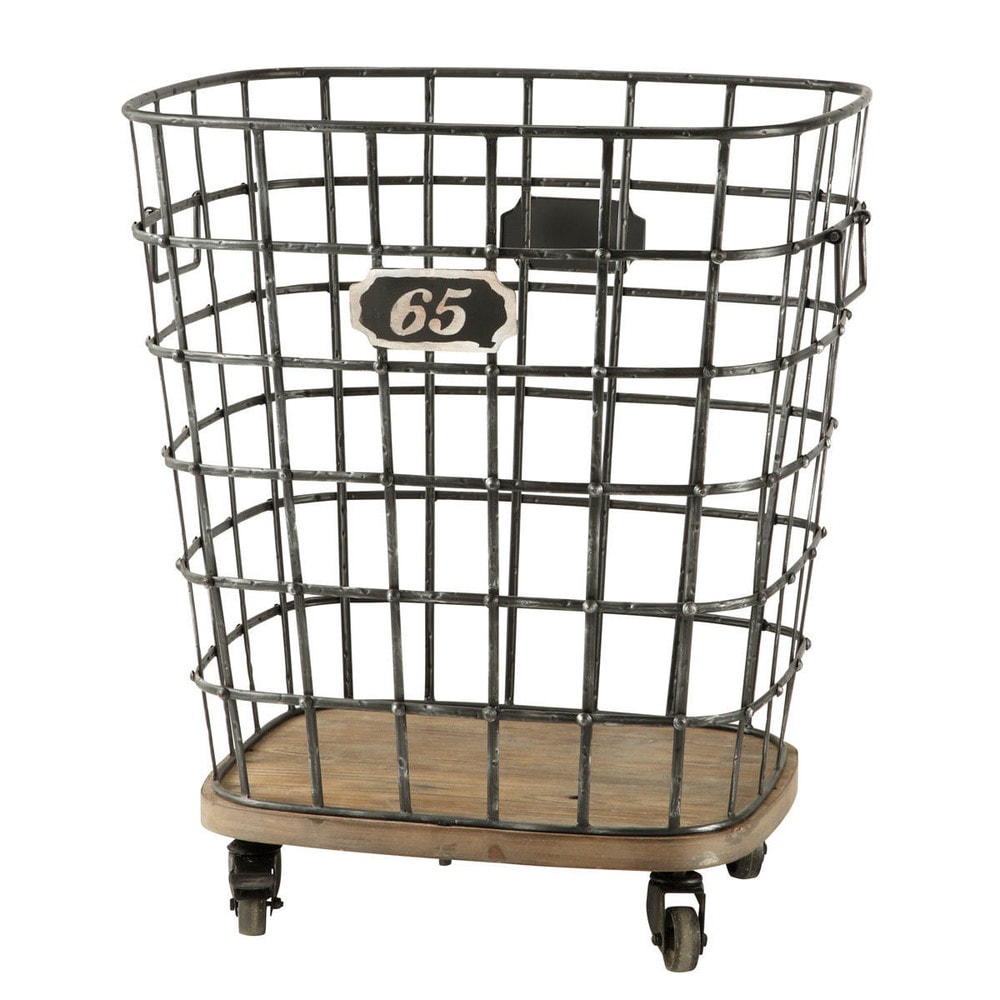 Cesto con ruedas de metal y madera Al. 67 cm MANUFACTURE | Maisons du Monde