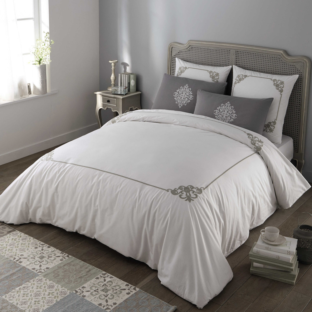 COLETO cotton king size bedding set in white / grey 240 x 260cm