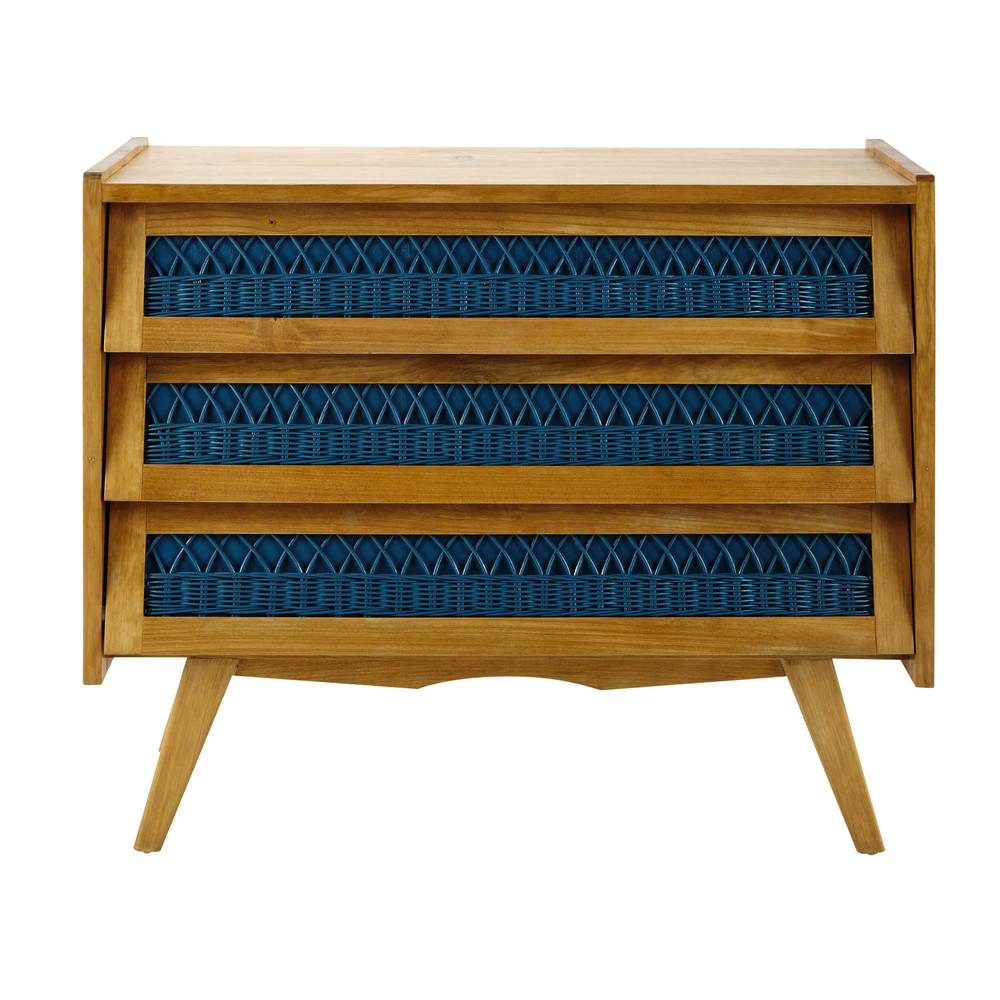 Cómoda vintage de madera y mimbre turquesa An. 91 cm Florida | Maisons