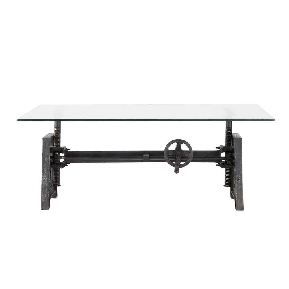 Couchtisch im IndustrialStil aus Glas und Metall, B 135 Couchtisch im IndustrialStil aus Glas und Metall, B 135