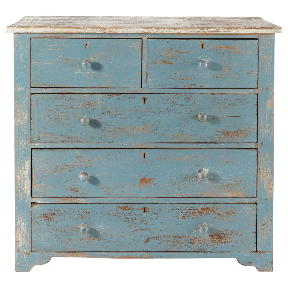 Distressed mango wood chest of drawers in blue W 94cm Avignon Maisons
