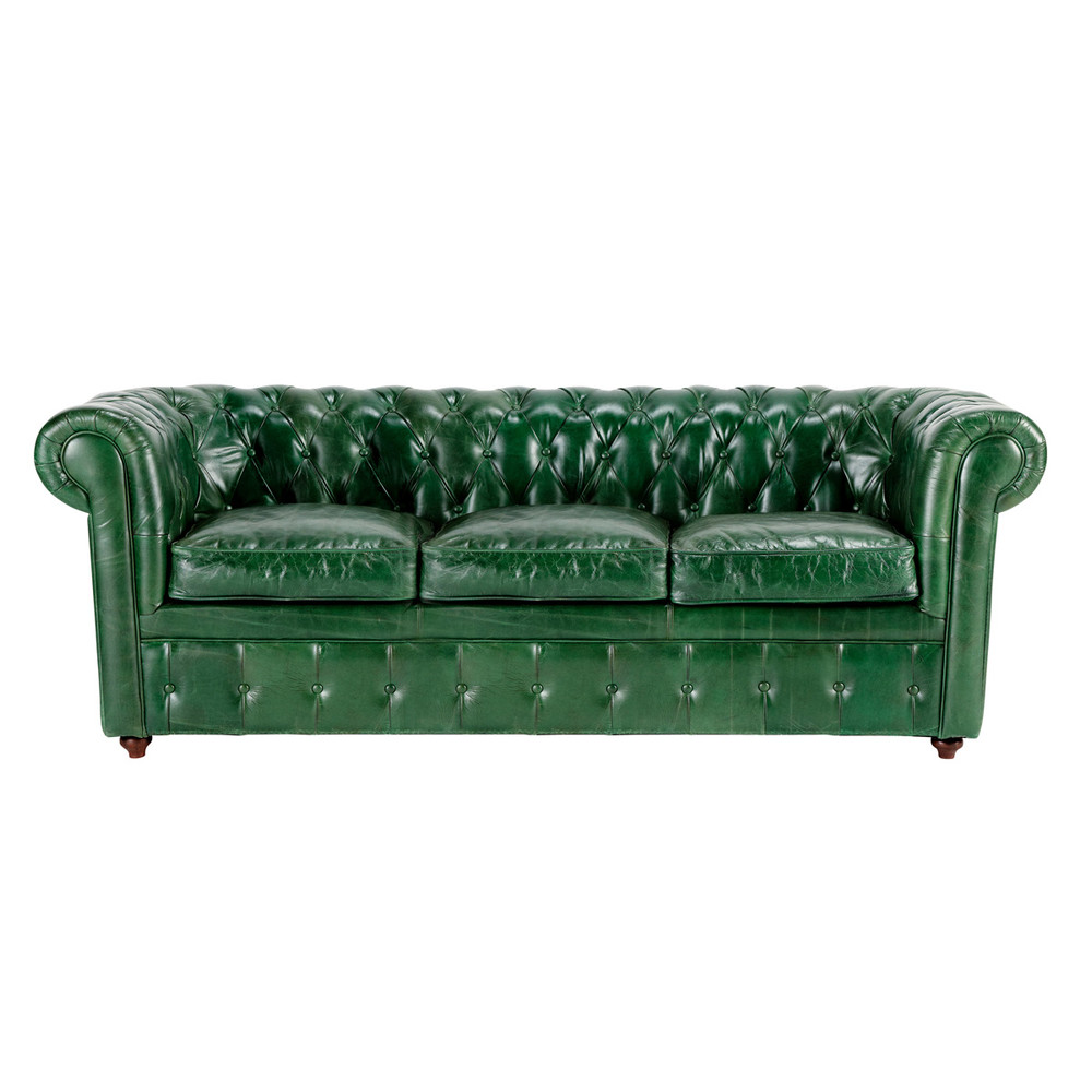 Green leather sofa, seats 3 - Vintage Vintage | Maisons du Monde