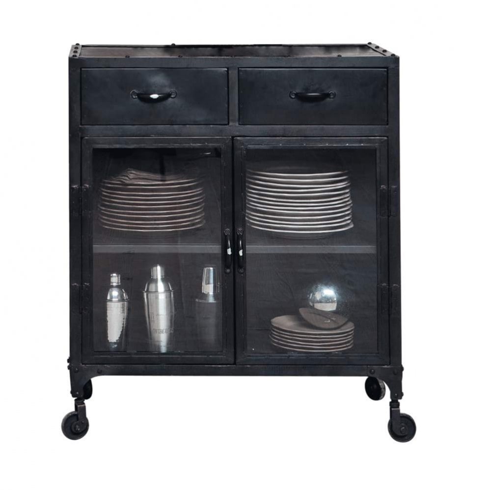 Metal industrial glazed sideboard on castors in black W 80cm Edison