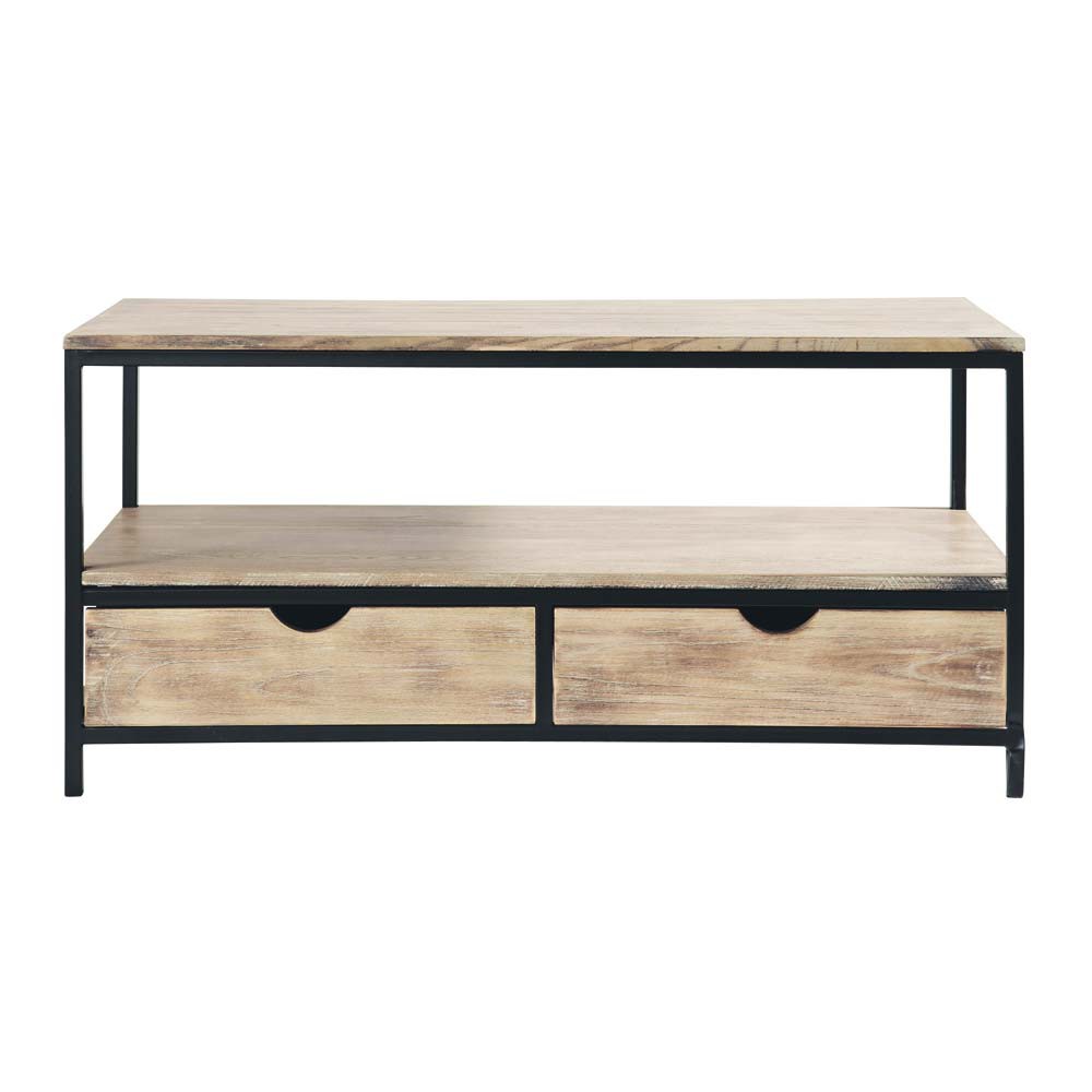 Mueble de TV industrial negro de metal y madera maciza An. 117 cm Long