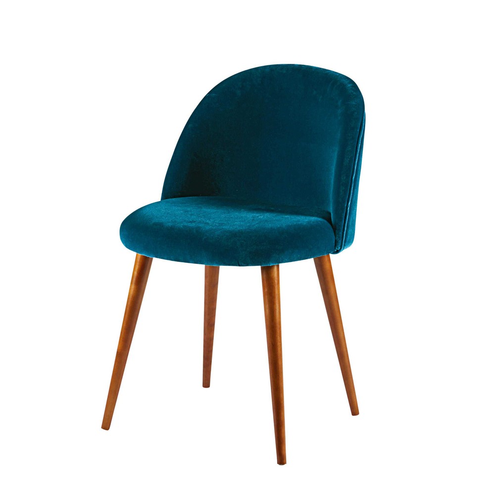 Peacock blue velvet and solid birch chair Mauricette Maisons du Monde