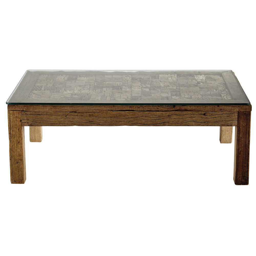 Recycled wood and tempered glass coffee table W 120cm Batik Maisons