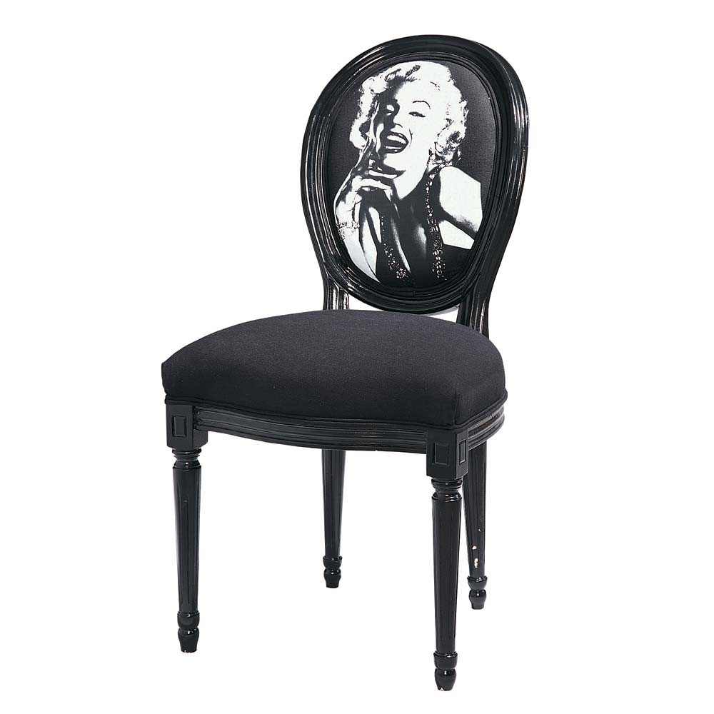 Silla con respaldo medallón estampado Marilyn de algodón y madera negra