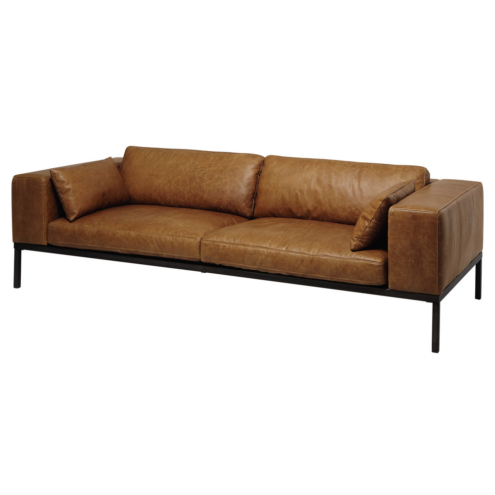 Sofá 4 plazas de piel color camello Wellington Maisons du Monde