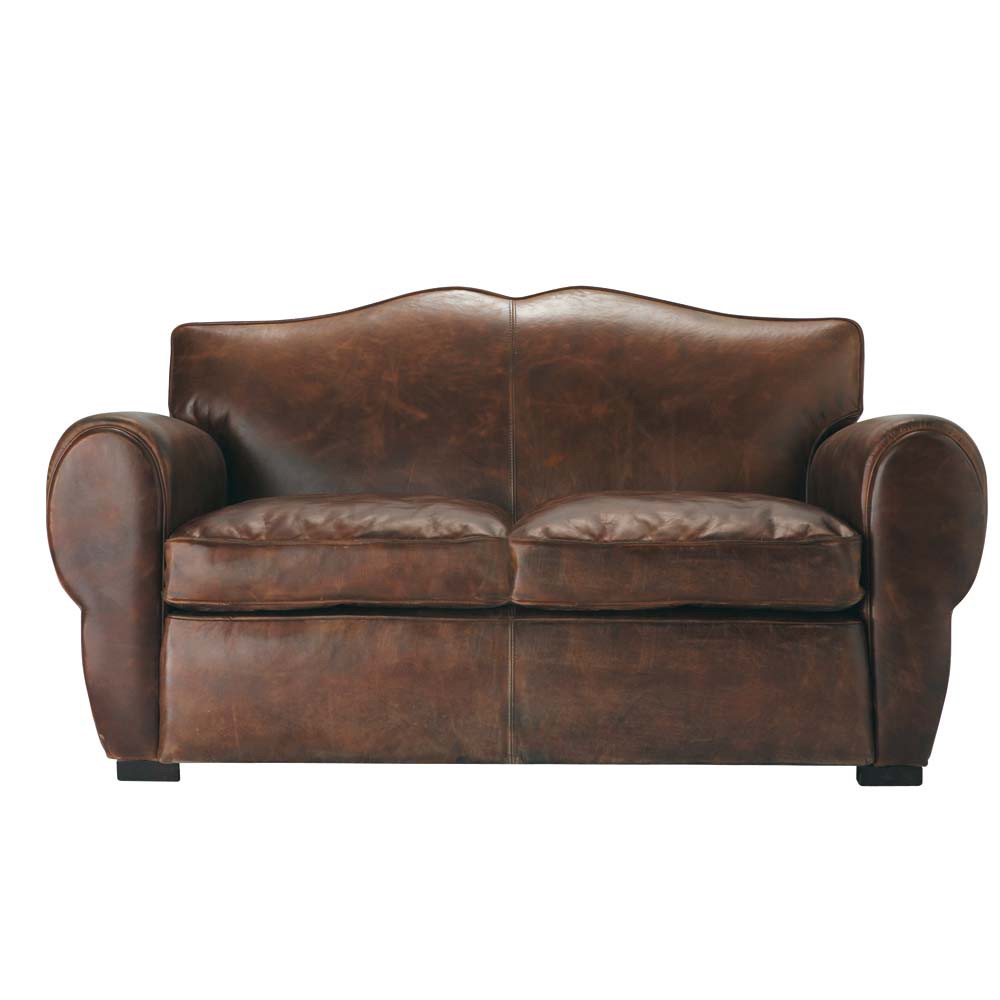 Sofá de 2 plazas de cuero marrón Moustache Maisons du Monde