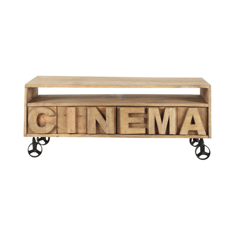 Solid mango wood TV unit on castors W 120cm Alphabet Maisons du Monde