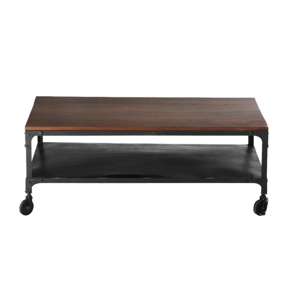Solid sheesham wood and metal coffee table on castors W 110cm Industry Maisons du Monde