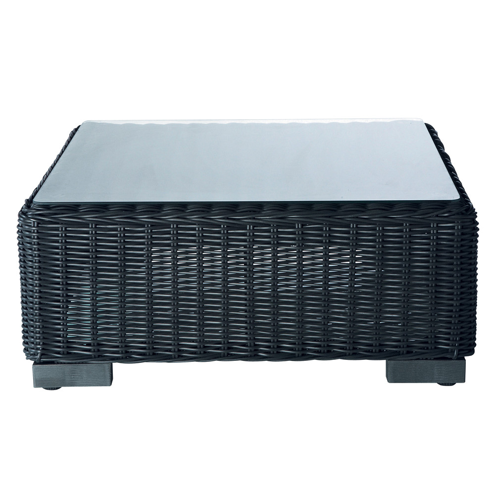Table basse de jardin en verre trempé et résine tressée noire cendre L 77 cm Porto Vecchio