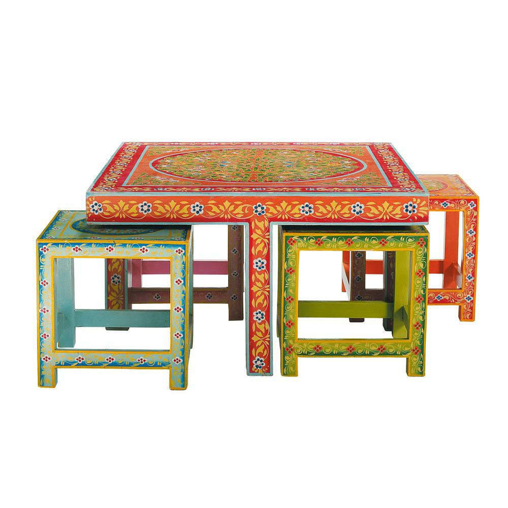 Creating A Classy Bar Cart ... › Tavolo basso + 4 sgabelli multicolore in acacia L 80 cm ROULOTTE