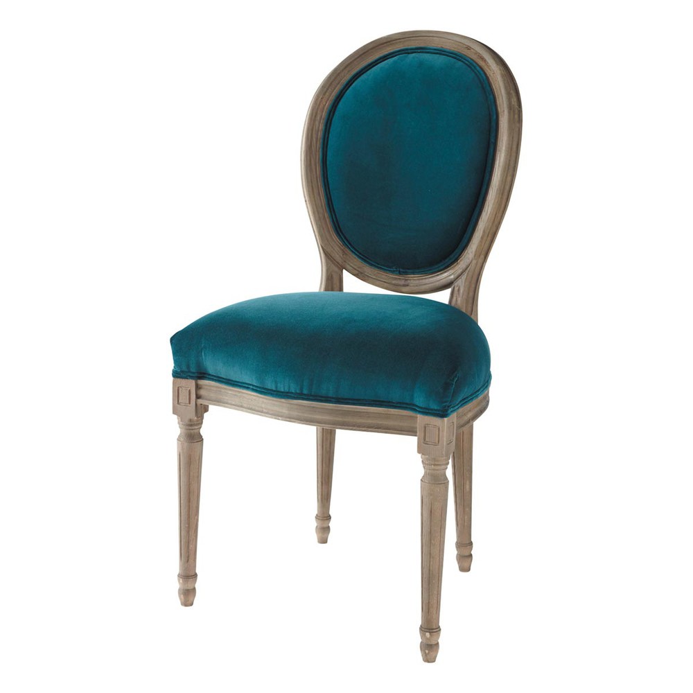 Velvet and solid oak medallion chair in peacock blue Louis Maisons du Monde
