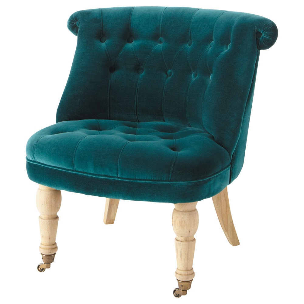 Velvet button armchair in peacock blue Constantin Maisons du Monde