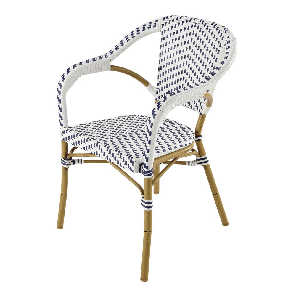 Wicker garden armchair in white / blue Kafe Maisons du Monde