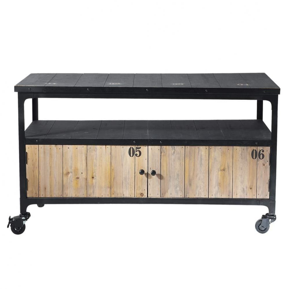 Wood and metal industrial TV unit on castors in black W 110cm Docks