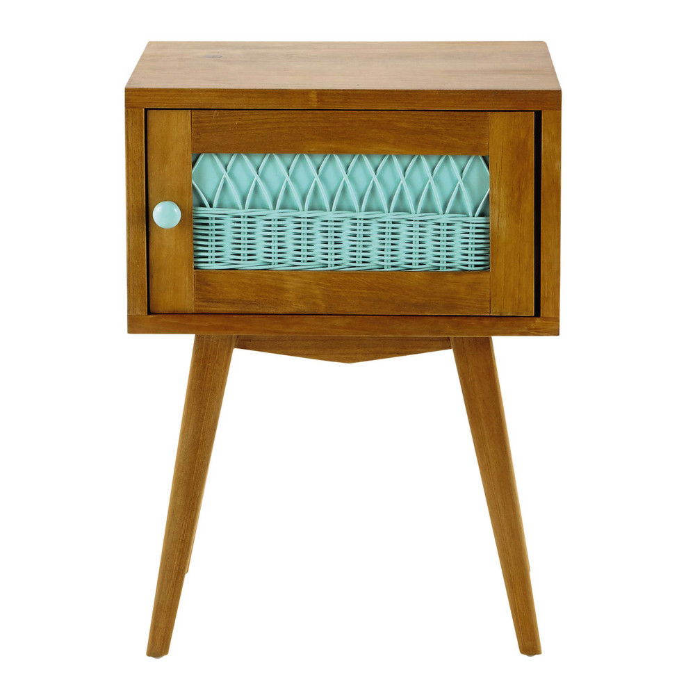 Wood and rattan vintage bedside table in sea green W 43cm Florida