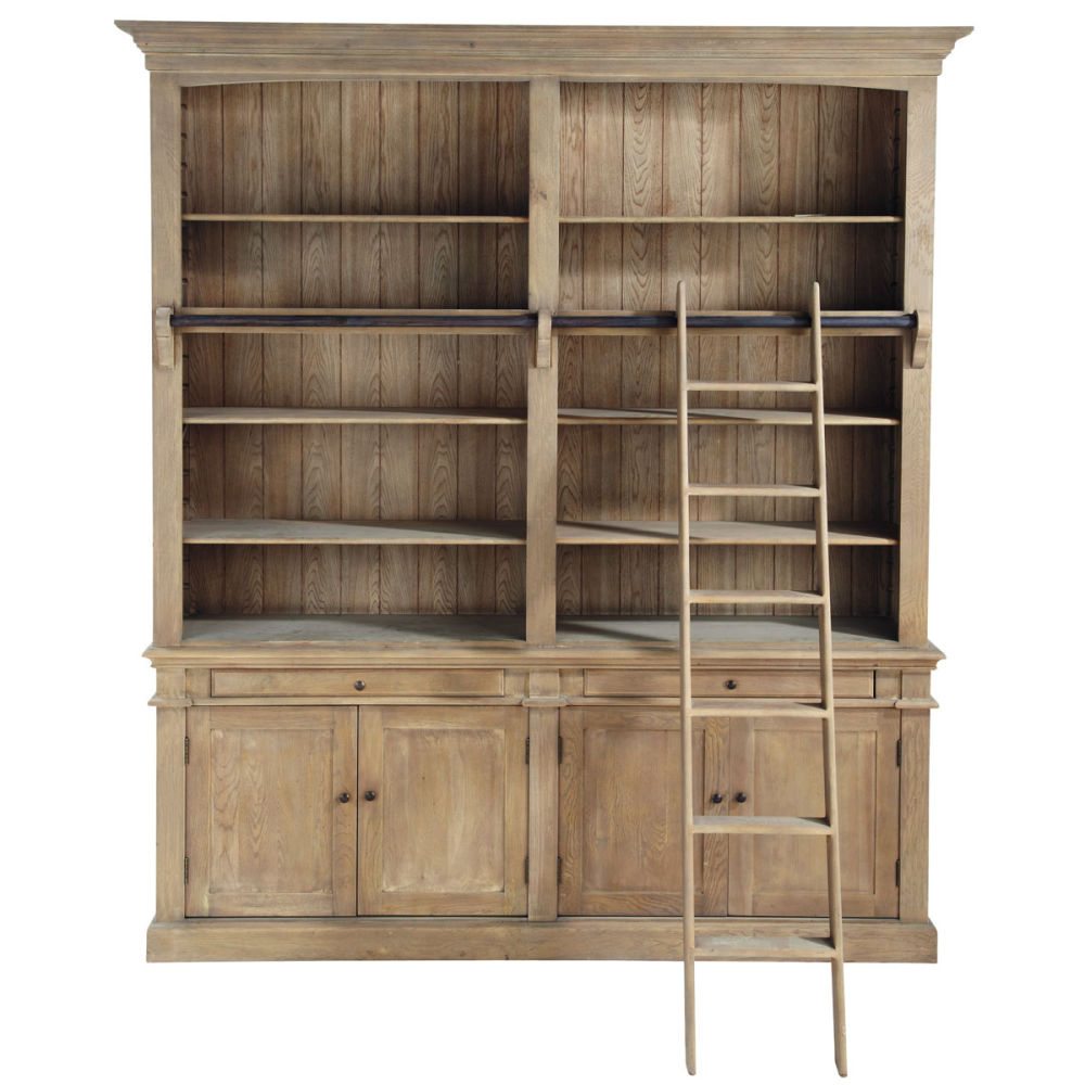 Recycled wood bookcase with ladder w 200cm - home and garden.