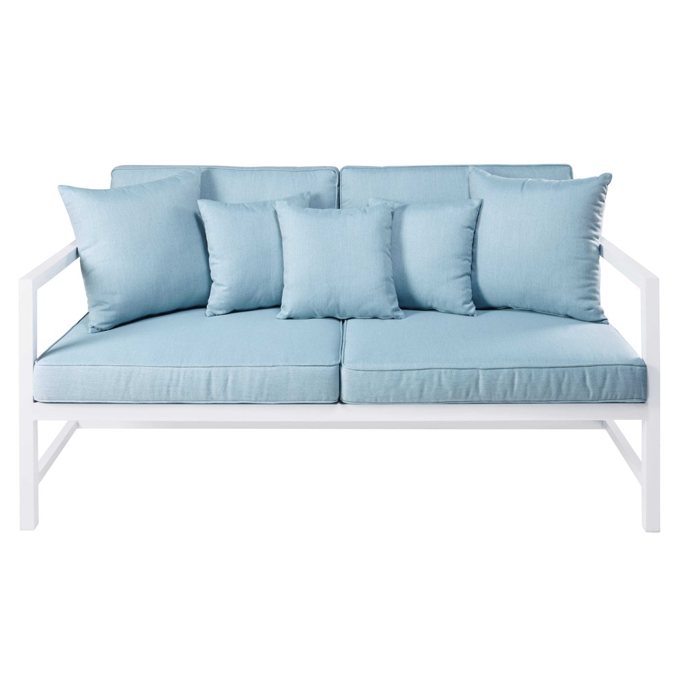 2/3-seater garden bench in white aluminium with light blue