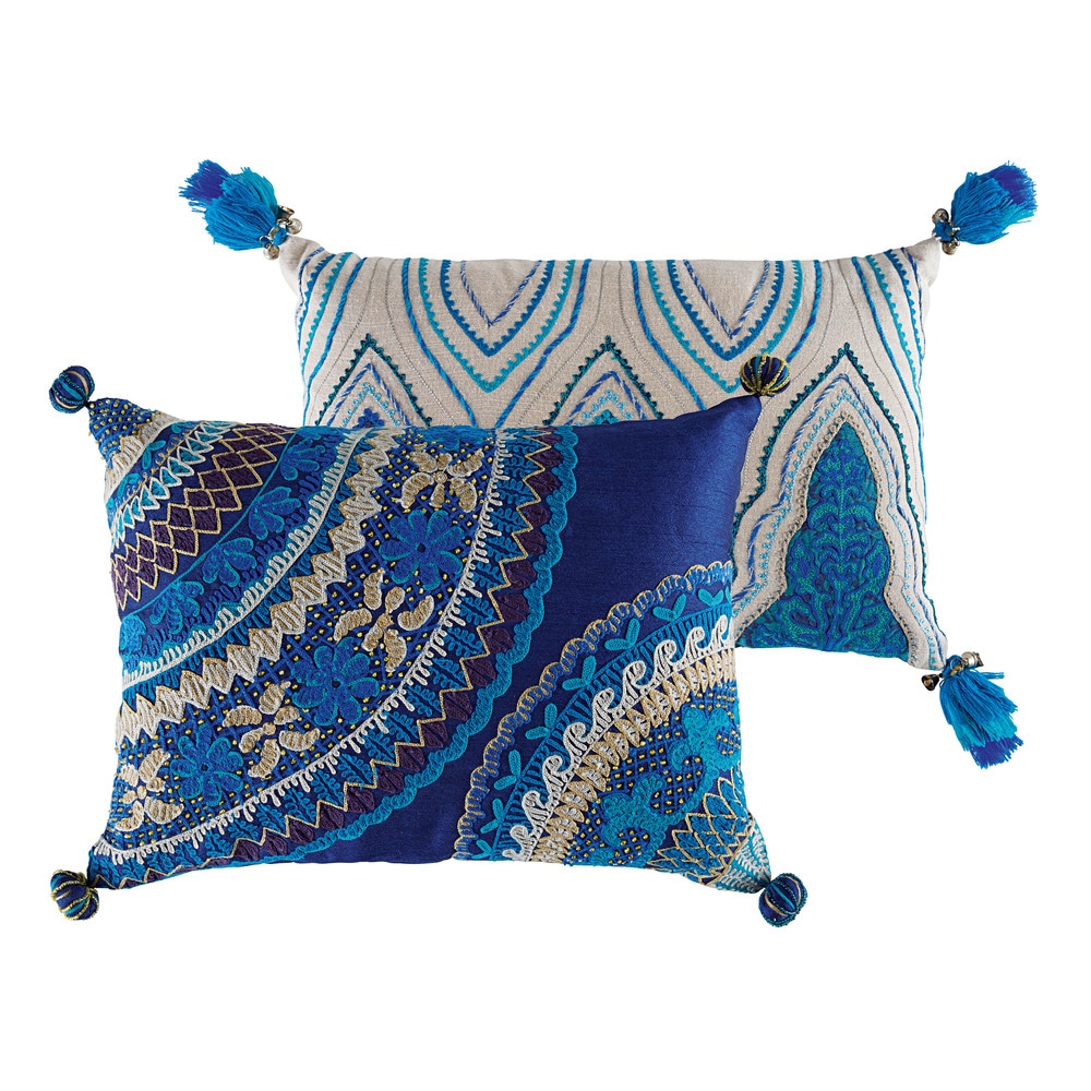 2 JODHPUR cotton Indian cushions in blue 30 x 45cm and 33 x 43cm