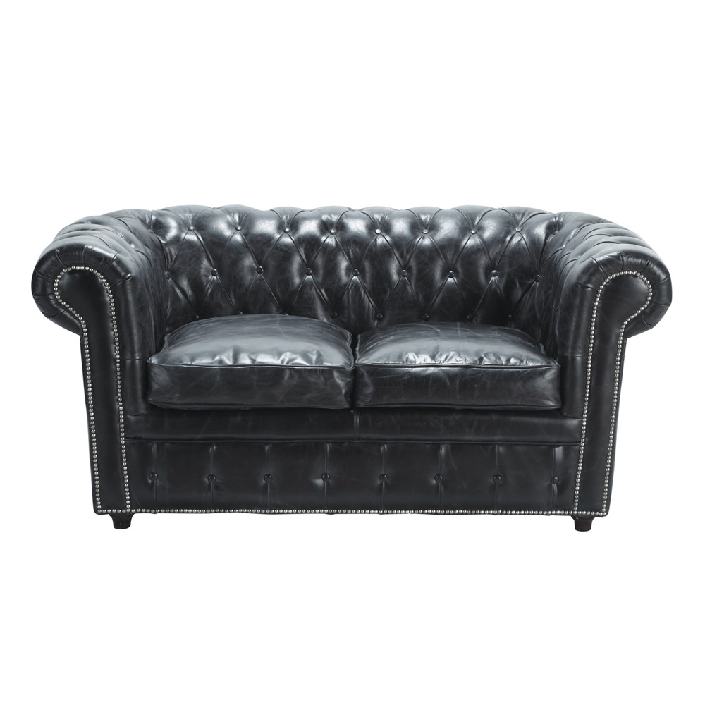 2 Seater Chesterfield Leather Button Sofa In Black Vintage