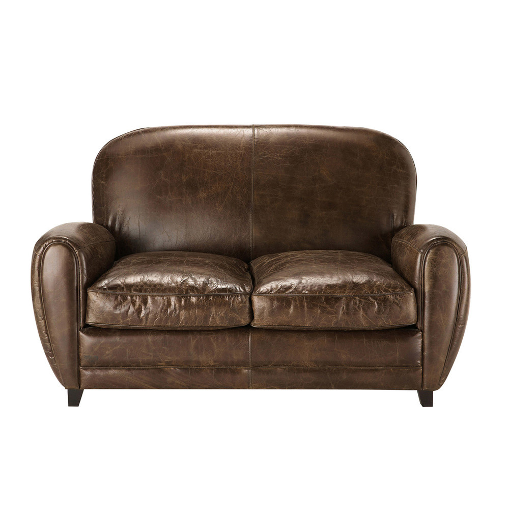 2 seater leather vintage sofa in brown Oxford Maisons du Monde