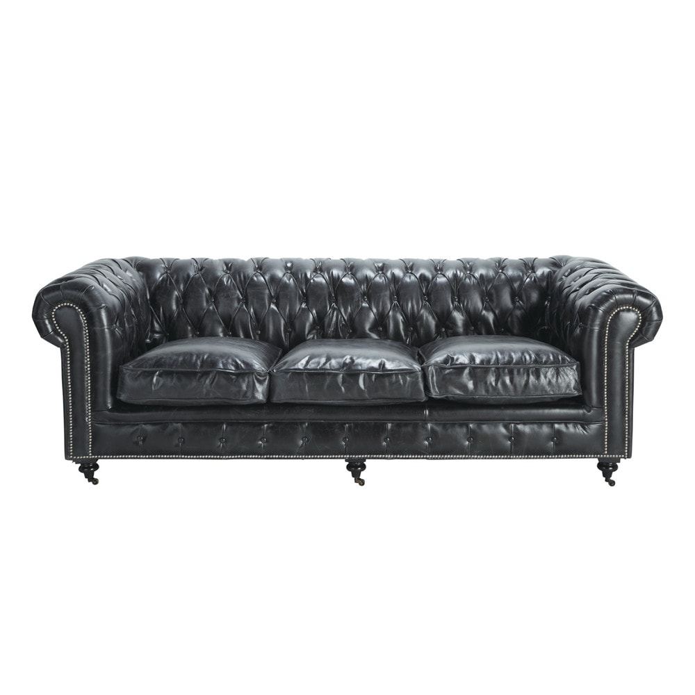 4 seater Chesterfield leather button sofa in black Vintage Maisons du