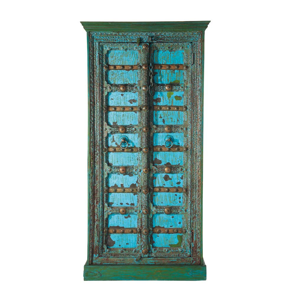 Armoire indienne en manguier massif bleue effet vieilli L 90 cm Madras