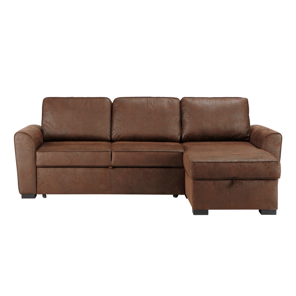 Ausziehbares Ecksofa 3-/4-Sitzer aus Microsuede, braun antik Montréal