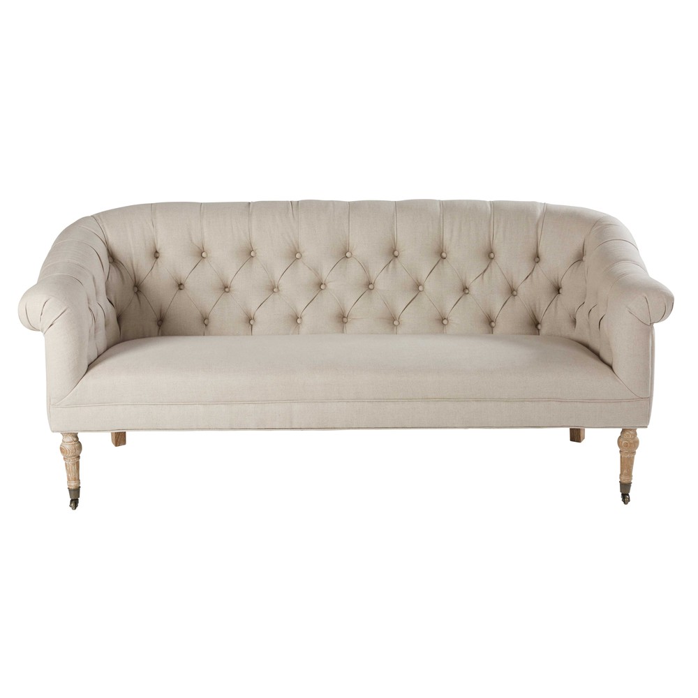 Beige 2/3seater tufted linen sofa Auguste Maisons du Monde
