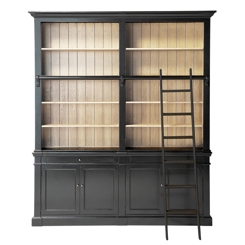 Black Solid Pine Bookcase with Ladder Versailles Maisons du Monde