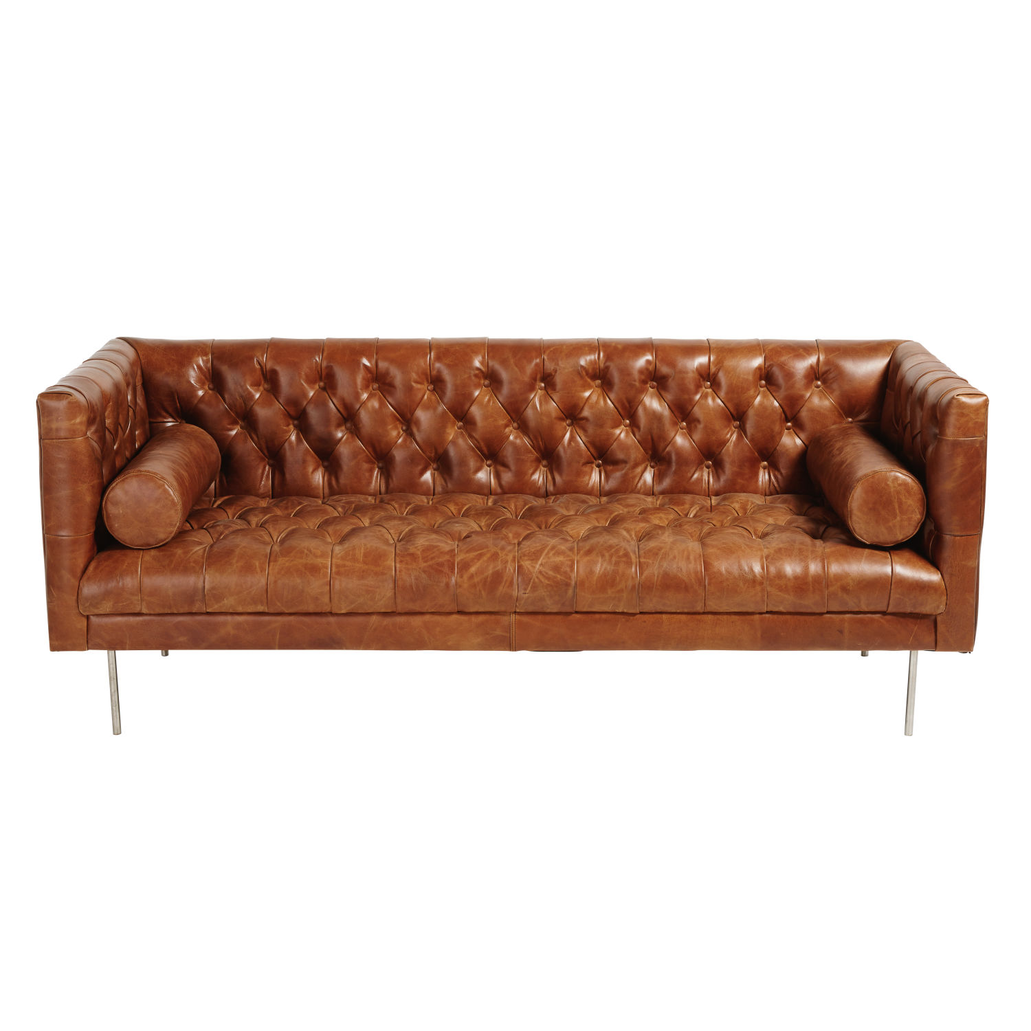 Brown 3 Seater Leather Tufted Sofa Liam Maisons Du Monde
