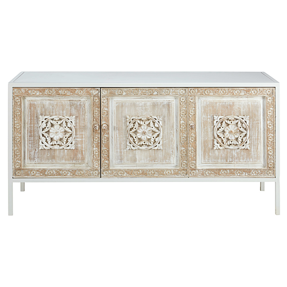 Buffet 3 portes en métal blanc et manguier sculpté Mambok | Maisons du
