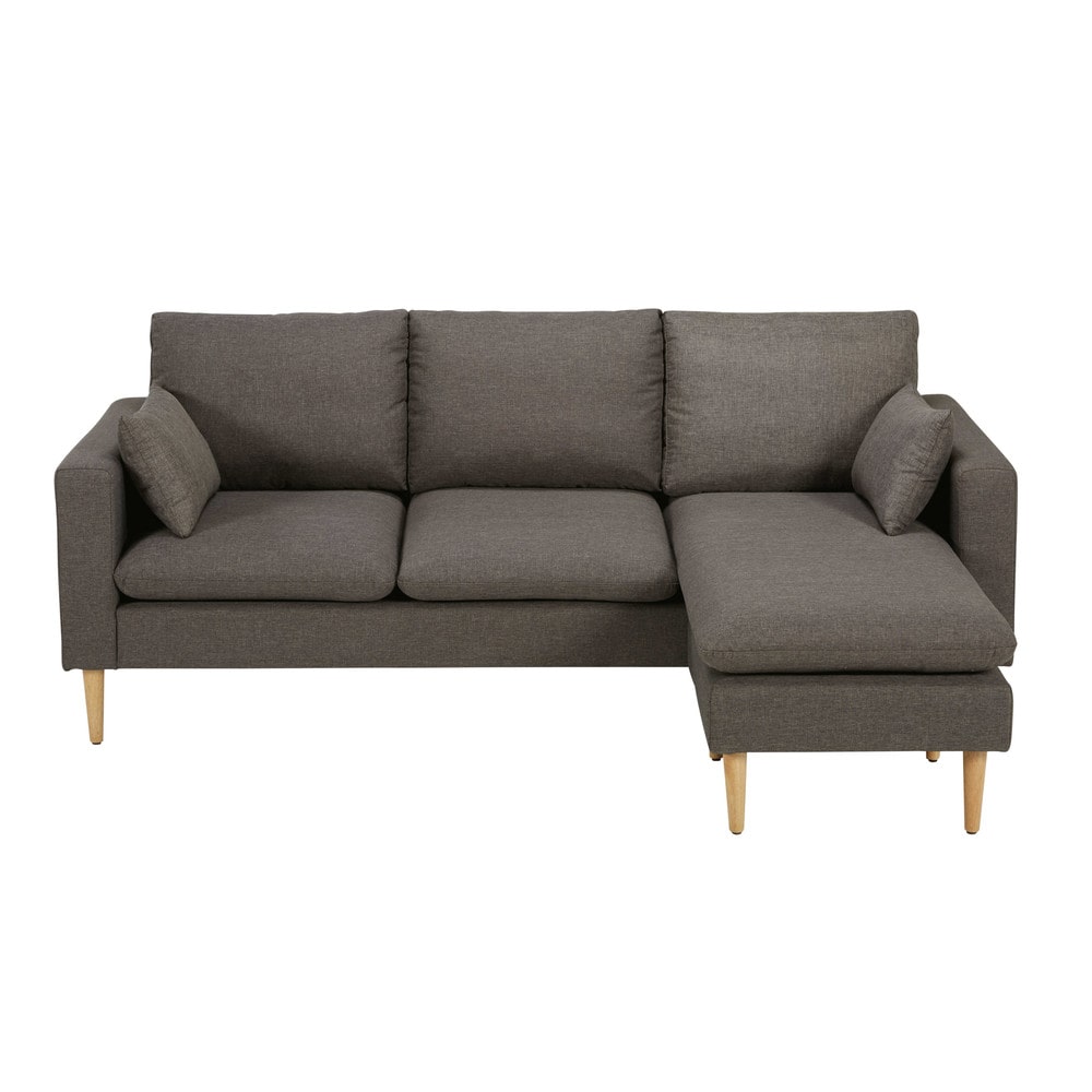 Canapé D'angle Convertible Clark 3 Places - Tissu Gris Chiné, Simili Noir, Méridienne Réversible Et Coffre
