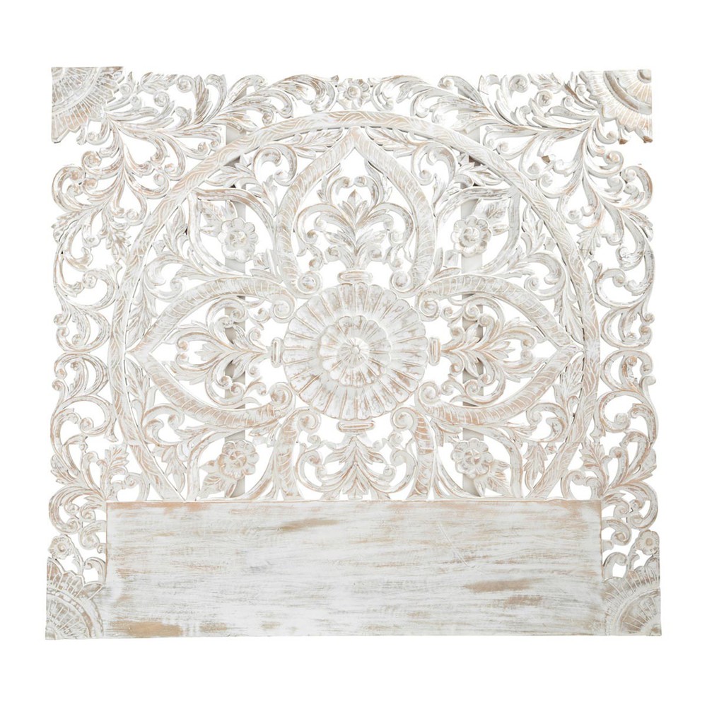 Carved solid mango wood headboard in white with distressed finish W 160cm Kerala Maisons du Monde