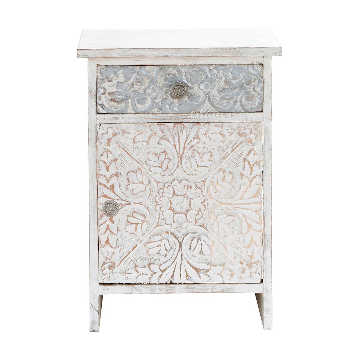 Carved Solid Mango Wood Indian Bedside Table In White W 42cm Namaste Carved Solid Mango Wood Indian Bedside Table In White W 42cm Namaste Maisons Du Monde