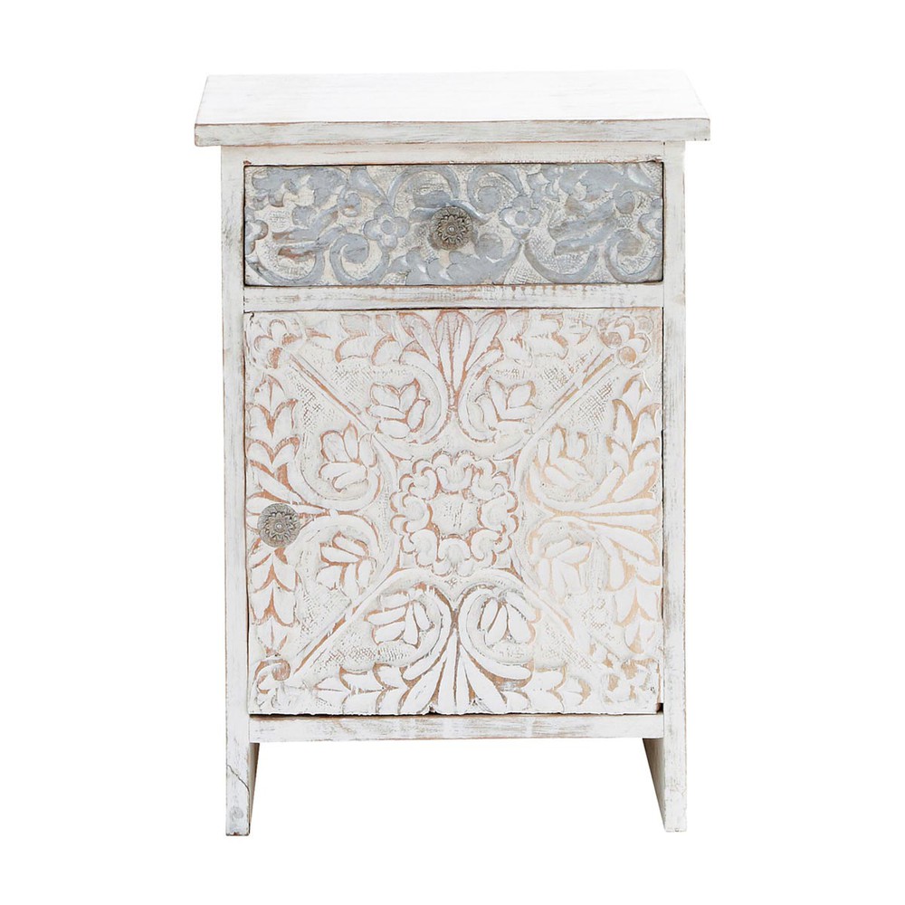 Carved solid mango wood Indian bedside table in white W 42cm Namaste