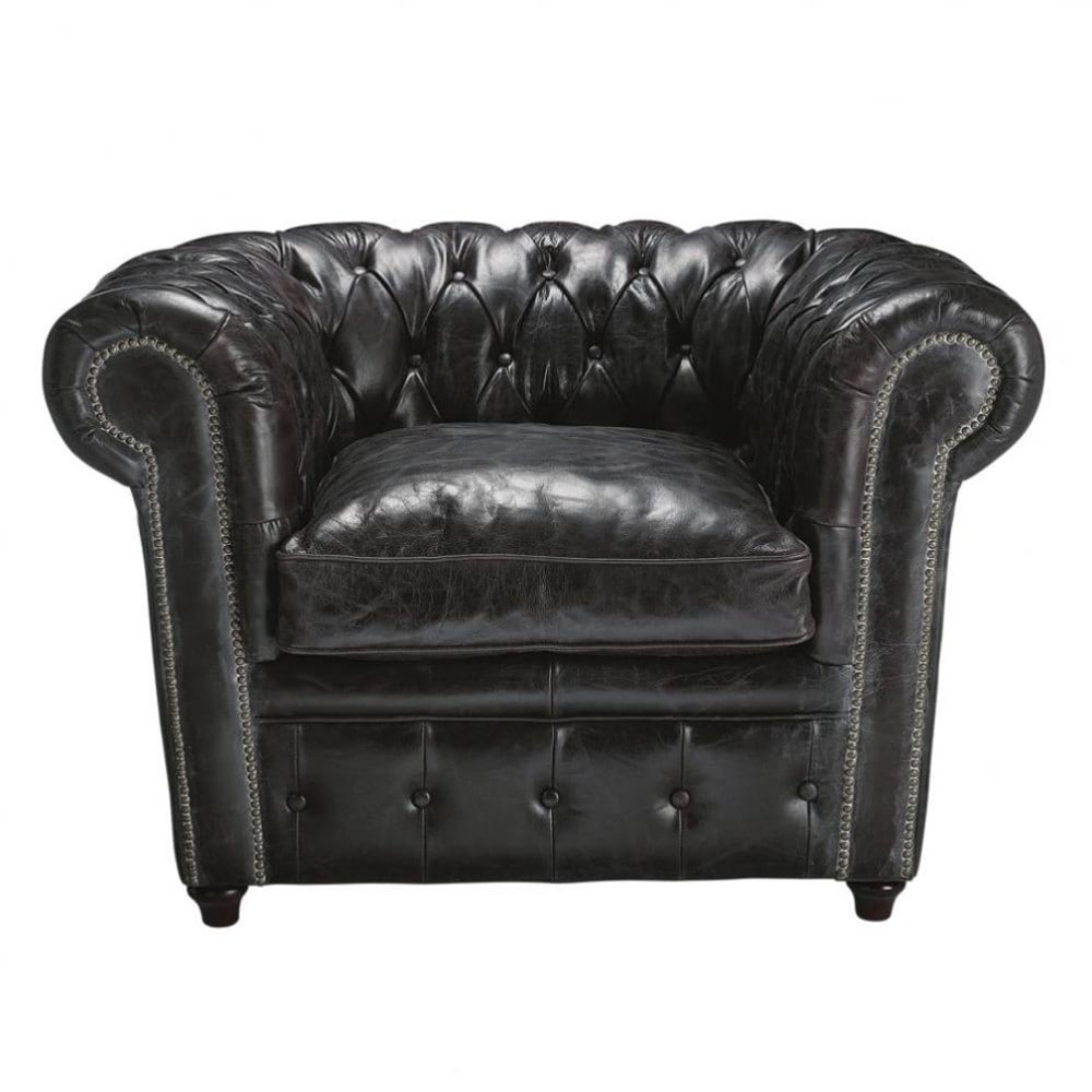 Chesterfield leather button armchair in black Vintage | Maisons du Monde